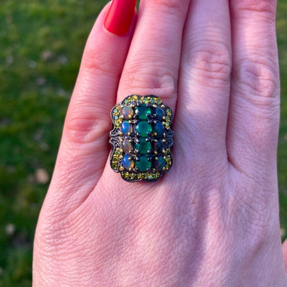 Vintage Art Deco Style Green Onyx & Opal Cluster Ring Sz 6 925 Silver Gold - Picture 5 of 8